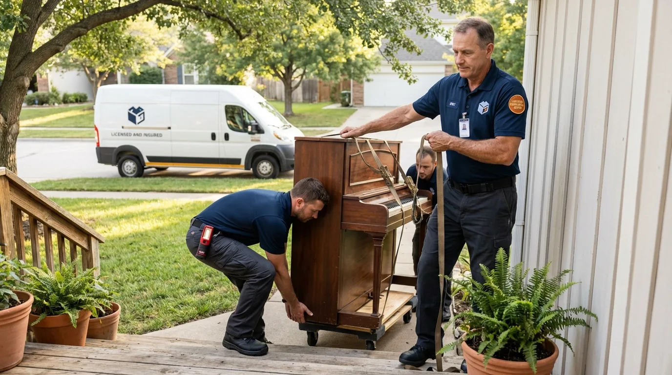 Licensed piano movers securing grand piano in Ephraim, UT
