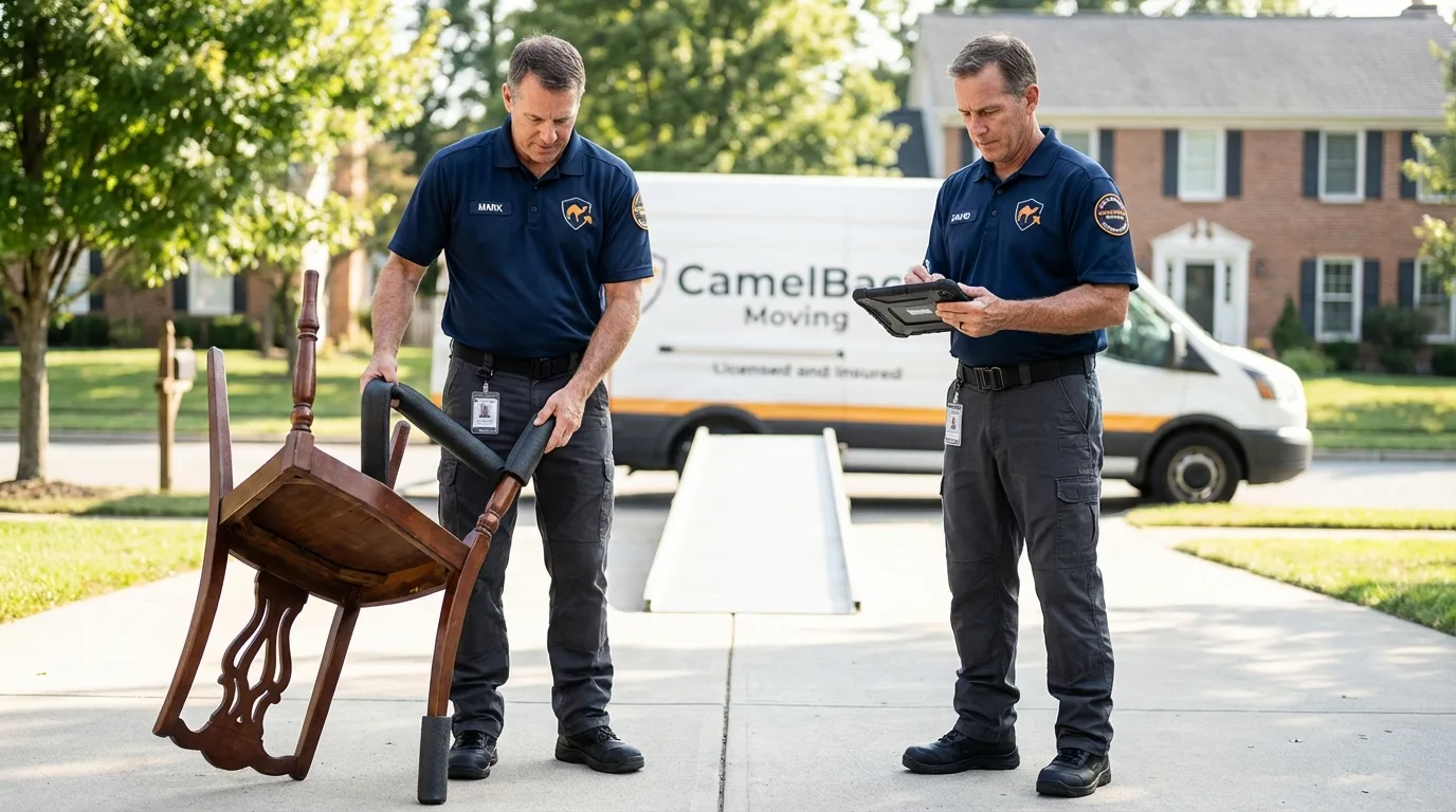Movers inspecting furniture for damage prevention before loading in Ephraim, UT